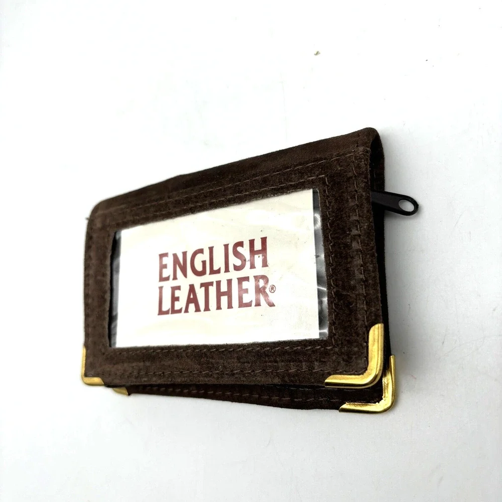 New Vintage English Leather Brown Suede Zip Around Bifold Photo Wallet 5x3.25